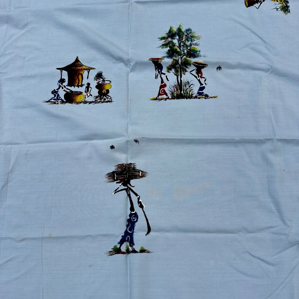Vintage African Village Scenic Tablecloth 12 Placemats Set Fringed Blue Large